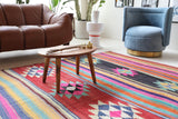 Vintage kilim rug in living room setting, bright colors, wild shaman, soft rug, bold color, Portland, Oregon, rug store, rug shop, local shop, vintage rug, modern kilim, warm colors