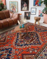 Vintage Turkish rug in a living room setting, pile rug, Turkish rug, vintage rug, portland, rug shop, bright colors, wild shaman, soft rug, bold color, Portland, Oregon, rug store, rug shop, local shop, antique rug