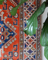 Vintage Turkish rug in a living room setting, pile rug, Turkish rug, vintage rug, portland, rug shop, bright colors, wild shaman, soft rug, bold color, Portland, Oregon, rug store, rug shop, local shop, antique rug
