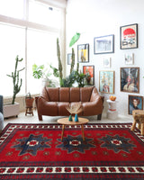 Vintage Turkish rug in a living room setting, pile rug, Turkish rug, vintage rug, portland, rug shop, bright colors, wild shaman, soft rug, bold color, Portland, Oregon, rug store, rug shop, local shop, antique rug