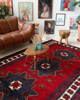 Vintage Turkish rug in a living room setting, pile rug, Turkish rug, vintage rug, portland, rug shop, bright colors, wild shaman, soft rug, bold color, Portland, Oregon, rug store, rug shop, local shop, antique rug