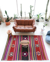 Vintage kilim rug in living room setting, bright colors, wild shaman, soft rug, bold color, Portland, Oregon, rug store, rug shop, local shop, vintage rug, modern kilim, warm colors