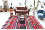 Vintage kilim rug in living room setting, bright colors, wild shaman, soft rug, bold color, Portland, Oregon, rug store, rug shop, local shop, vintage rug, modern kilim, warm colors