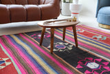 Vintage kilim rug in living room setting, bright colors, wild shaman, soft rug, bold color, Portland, Oregon, rug store, rug shop, local shop, vintage rug, modern kilim, warm colors