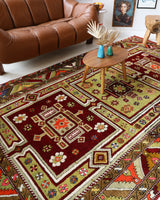 Vintage Turkish rug in a living room setting, pile rug, Turkish rug, vintage rug, portland, rug shop, bright colors, wild shaman, soft rug, bold color, Portland, Oregon, rug store, rug shop, local shop, antique rug