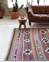 Vintage kilim rug in room decor setting, old rug, antique rug, pastel colors, faded colors, Turkish rug, vintage rug, soft rug, Portland, Oregon, rug store, rug shop, local shop, bold colors, bright colors, faded colors
