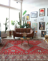 Vintage Turkish rug in living room setting, old rug, antique rug, pastel colors, faded colors, Turkish rug, vintage rug, soft rug, Portland, Oregon, rug store, rug shop, local shop