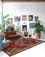 Vintage Turkish rug in a living room setting, pile rug, Turkish rug, vintage rug, portland, rug shop, bright colors, wild shaman, soft rug, bold color, Portland, Oregon, rug store, rug shop, local shop, antique rug