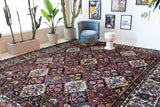 Antique Persian area rug in a living room setting, pile rug, vintage rug, portland, rug shop, bright colors, wild shaman, soft rug, bold color, Portland, Oregon, rug store, rug shop, local shop, antique rug, Persian rug, handmade rug, wool rug, distressed rug
