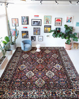 Antique Persian area rug in a living room setting, pile rug, vintage rug, portland, rug shop, bright colors, wild shaman, soft rug, bold color, Portland, Oregon, rug store, rug shop, local shop, antique rug, Persian rug, handmade rug, wool rug, distressed rug