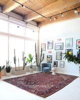 Antique Persian area rug in a living room setting, pile rug, vintage rug, portland, rug shop, bright colors, wild shaman, soft rug, bold color, Portland, Oregon, rug store, rug shop, local shop, antique rug, Persian rug, handmade rug, wool rug