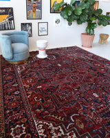 Antique Persian area rug in a living room setting, pile rug, vintage rug, portland, rug shop, bright colors, wild shaman, soft rug, bold color, Portland, Oregon, rug store, rug shop, local shop, antique rug, Persian rug, handmade rug, wool rug