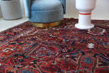 Antique Persian area rug in a living room setting, pile rug, vintage rug, portland, rug shop, bright colors, wild shaman, soft rug, bold color, Portland, Oregon, rug store, rug shop, local shop, antique rug, Persian rug, handmade rug, wool rug