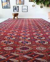 Antique Turkmen rug in a living room setting, pile rug, Turkish rug, vintage rug, portland, rug shop, bright colors, wild shaman, soft rug, bold color, Portland, Oregon, rug store, rug shop, local shop, antique rug
