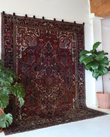 Antique Persian area rug in a living room setting, pile rug, vintage rug, portland, rug shop, bright colors, wild shaman, soft rug, bold color, Portland, Oregon, rug store, rug shop, local shop, antique rug, Persian rug, handmade rug, wool rug, distressed rug
