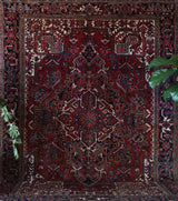 Antique Persian area rug in a living room setting, pile rug, vintage rug, portland, rug shop, bright colors, wild shaman, soft rug, bold color, Portland, Oregon, rug store, rug shop, local shop, antique rug, Persian rug, handmade rug, wool rug, distressed rug