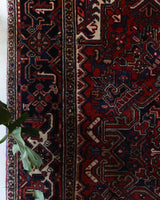 Antique Persian area rug in a living room setting, pile rug, vintage rug, portland, rug shop, bright colors, wild shaman, soft rug, bold color, Portland, Oregon, rug store, rug shop, local shop, antique rug, Persian rug, handmade rug, wool rug, distressed rug