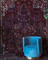 Antique Persian area rug in a living room setting, pile rug, vintage rug, portland, rug shop, bright colors, wild shaman, soft rug, bold color, Portland, Oregon, rug store, rug shop, local shop, antique rug, Persian rug, handmade rug, wool rug, distressed rug