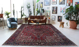 Antique Persian area rug in a living room setting, pile rug, vintage rug, portland, rug shop, bright colors, wild shaman, soft rug, bold color, Portland, Oregon, rug store, rug shop, local shop, antique rug, Persian rug, handmade rug, wool rug, distressed rug