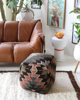 Floor pouf in a living room setting, pillow, turkish pillow, kilim pillow, home decor, decorative pillow, sham, rug pillow, decor, home decor, pouf, floor cushion, cushion, Portland, rugshop, Oregon, Wild Shaman, ottoman