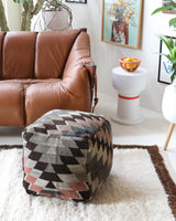 Floor pouf in a living room setting, pillow, turkish pillow, kilim pillow, home decor, decorative pillow, sham, rug pillow, decor, home decor, pouf, floor cushion, cushion, Portland, rugshop, Oregon, Wild Shaman, ottoman