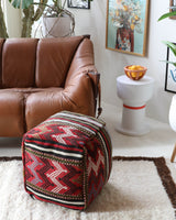 Floor pouf in a living room setting, pillow, turkish pillow, kilim pillow, home decor, decorative pillow, sham, rug pillow, decor, home decor, pouf, floor cushion, cushion, Portland, rugshop, Oregon, Wild Shaman, ottoman