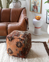 Floor pouf in a living room setting, pillow, turkish pillow, kilim pillow, home decor, decorative pillow, sham, rug pillow, decor, home decor, pouf, floor cushion, cushion, Portland, rugshop, Oregon, Wild Shaman, ottoman
