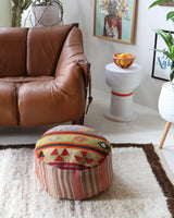 Floor pouf in a living room setting, pillow, turkish pillow, kilim pillow, home decor, decorative pillow, sham, rug pillow, decor, home decor, pouf, floor cushion, cushion, Portland, rugshop, Oregon, Wild Shaman, ottoman