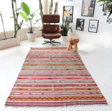 Vintage kilim rug in living room setting, old rug, antique rug, pastel colors, faded colors, Turkish rug, vintage rug, soft rug, Portland, Oregon, rug store, rug shop, local shop, earthy tones, earthy colors, warm colors