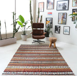 Vintage kilim rug in living room setting, bright colors, wild shaman, soft rug, bold color, Portland, Oregon, rug store, rug shop, local shop, vintage rug, modern kilim, warm colors
