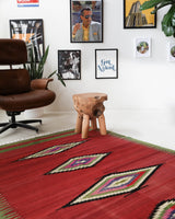 Vintage kilim rug in living room setting, bright colors, wild shaman, soft rug, bold color, Portland, Oregon, rug store, rug shop, local shop, vintage rug, modern kilim, warm colors