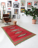 Vintage kilim rug in living room setting, bright colors, wild shaman, soft rug, bold color, Portland, Oregon, rug store, rug shop, local shop, vintage rug, modern kilim, warm colors