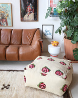 Floor pouf in a living room setting, pillow, turkish pillow, kilim pillow, home decor, decorative pillow, sham, rug pillow, decor, home decor, pouf, floor cushion, cushion, Portland, rugshop, Oregon, Wild Shaman, ottoman
