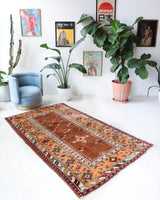 Vintage Turkish rug in a living room setting, pile rug, Turkish rug, vintage rug, portland, rug shop, bright colors, wild shaman, soft rug, bold color, Portland, Oregon, rug store, rug shop, local shop, antique rug