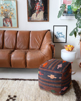 Floor pouf in a living room setting, pillow, turkish pillow, kilim pillow, home decor, decorative pillow, sham, rug pillow, decor, home decor, pouf, floor cushion, cushion, Portland, rugshop, Oregon, Wild Shaman, ottoman