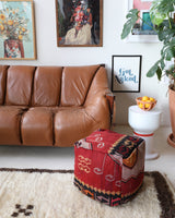 Floor pouf in a living room setting, pillow, turkish pillow, kilim pillow, home decor, decorative pillow, sham, rug pillow, decor, home decor, pouf, floor cushion, cushion, Portland, rugshop, Oregon, Wild Shaman, ottoman