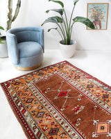 Vintage Turkish rug in a living room setting, pile rug, Turkish rug, vintage rug, portland, rug shop, bright colors, wild shaman, soft rug, bold color, Portland, Oregon, rug store, rug shop, local shop, antique rug