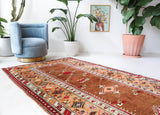 Vintage Turkish rug in a living room setting, pile rug, Turkish rug, vintage rug, portland, rug shop, bright colors, wild shaman, soft rug, bold color, Portland, Oregon, rug store, rug shop, local shop, antique rug