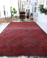 Antique Turkmen rug in a living room setting, pile rug, Turkish rug, vintage rug, portland, rug shop, bright colors, wild shaman, soft rug, bold color, Portland, Oregon, rug store, rug shop, local shop, antique rug
