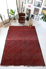 Antique Turkmen rug in a living room setting, pile rug, Turkish rug, vintage rug, portland, rug shop, bright colors, wild shaman, soft rug, bold color, Portland, Oregon, rug store, rug shop, local shop, antique rug