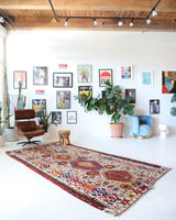 Vintage kilim rug in living room setting, bright colors, wild shaman, soft rug, bold color, Portland, Oregon, rug store, rug shop, local shop, vintage rug, modern kilim, warm colors