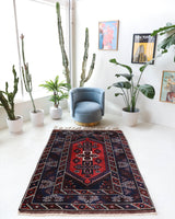 Vintage Turkish rug in a living room setting, pile rug, Turkish rug, vintage rug, portland, rug shop, bright colors, wild shaman, soft rug, bold color, Portland, Oregon, rug store, rug shop, local shop, antique rug