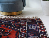 Vintage Turkish rug in a living room setting, pile rug, Turkish rug, vintage rug, portland, rug shop, bright colors, wild shaman, soft rug, bold color, Portland, Oregon, rug store, rug shop, local shop, antique rug
