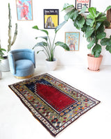 Vintage Turkish rug in a living room setting, pile rug, Turkish rug, vintage rug, portland, rug shop, bright colors, wild shaman, soft rug, bold color, Portland, Oregon, rug store, rug shop, local shop, antique rug