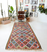 Vintage Turkish runner rug in a living room setting, pile rug, Turkish rug, vintage rug, portland, rug shop, bright colors, wild shaman, soft rug, bold color, Portland, Oregon, rug store, rug shop, local shop, antique rug