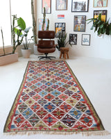 Vintage Turkish runner rug in a living room setting, pile rug, Turkish rug, vintage rug, portland, rug shop, bright colors, wild shaman, soft rug, bold color, Portland, Oregon, rug store, rug shop, local shop, antique rug