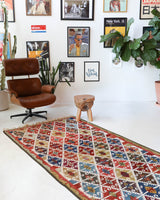 Vintage Turkish runner rug in a living room setting, pile rug, Turkish rug, vintage rug, portland, rug shop, bright colors, wild shaman, soft rug, bold color, Portland, Oregon, rug store, rug shop, local shop, antique rug