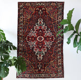 Antique Persian area rug in a living room setting, pile rug, vintage rug, portland, rug shop, bright colors, wild shaman, soft rug, bold color, Portland, Oregon, rug store, rug shop, local shop, antique rug, Persian rug, handmade rug, wool rug, distressed rug