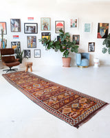 Vintage Turkish runner rug in a living room setting, pile rug, Turkish rug, vintage rug, portland, rug shop, bright colors, wild shaman, soft rug, bold color, Portland, Oregon, rug store, rug shop, local shop, antique rug