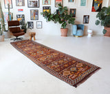 Vintage Turkish runner rug in a living room setting, pile rug, Turkish rug, vintage rug, portland, rug shop, bright colors, wild shaman, soft rug, bold color, Portland, Oregon, rug store, rug shop, local shop, antique rug